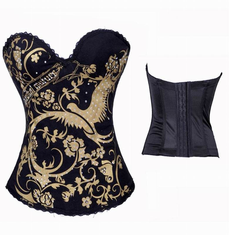 Golden Bird Beads Decoration Frontward Black Satin Corset